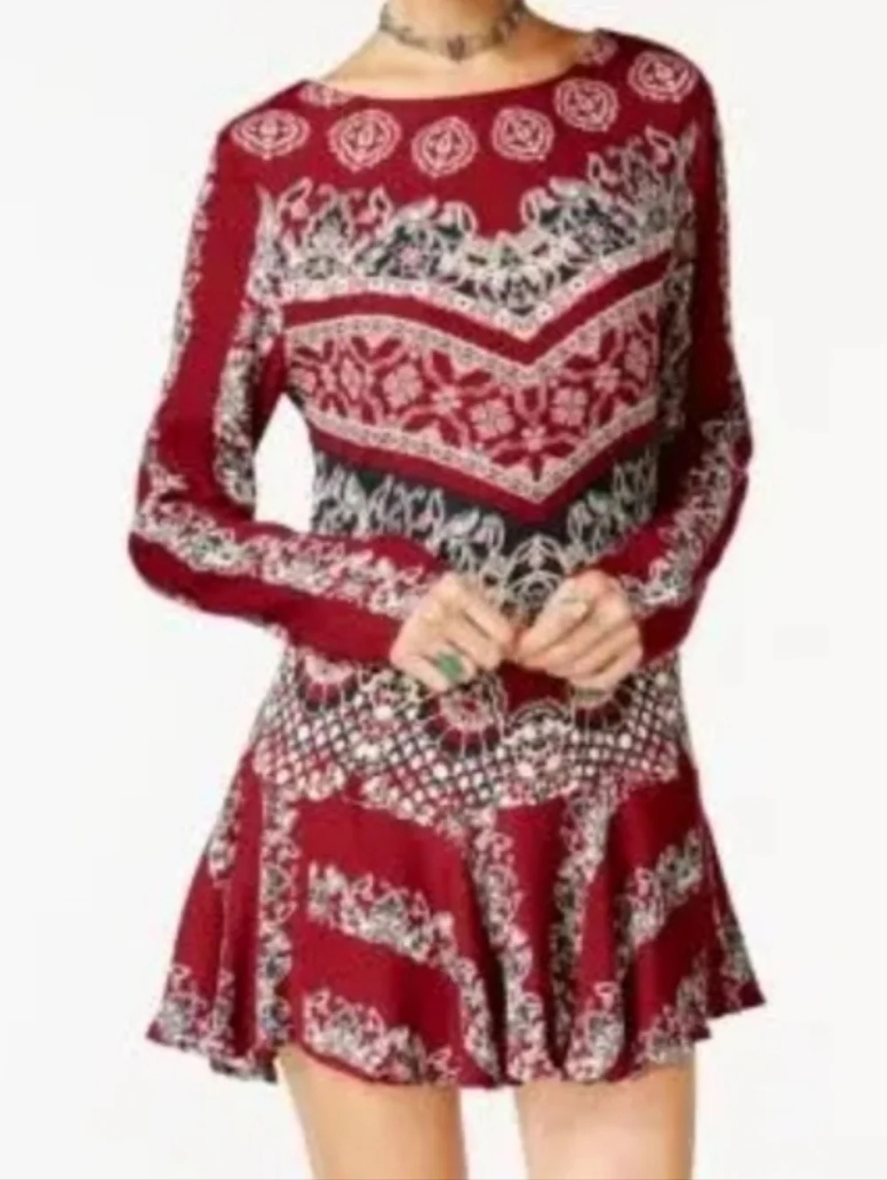 Free People Smooth Talker Boho Paisley Deep Cut V Back Peplum  Tunic Mini Medium - Picture 5 of 9